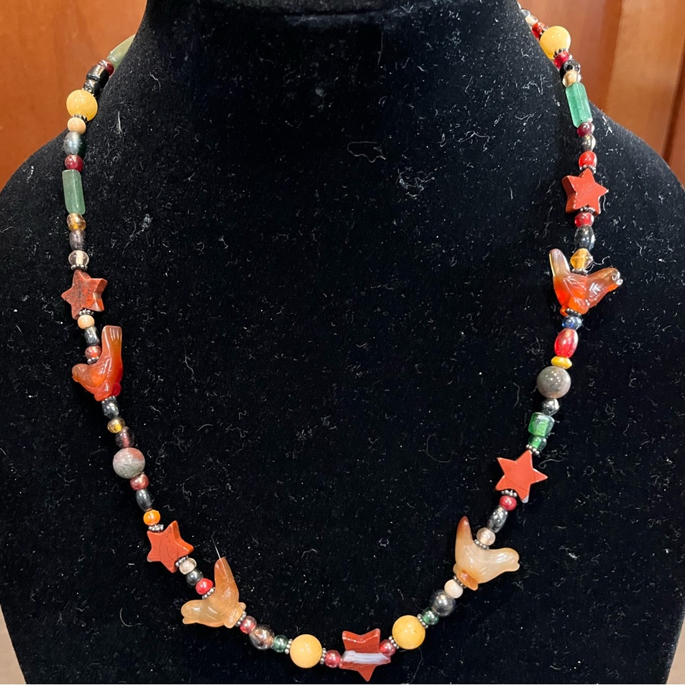 Handcrafted Boho Gemstone Necklace w/ Carved Bird/Star Beads Earthy Mixed Stone